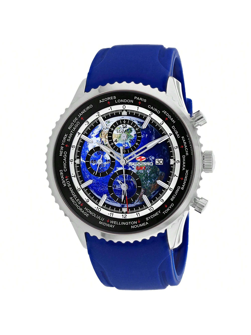 Seapro Men's Meridian World Timer GMT SP7521 Strap Blue Dial Quartz Movement Buckle Clasp 47mm Round Watch