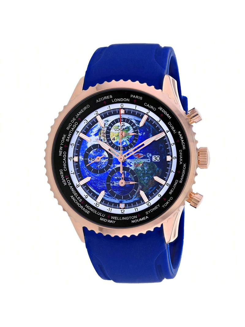 Seapro Men's Meridian World Timer GMT SP7522 Strap Blue Dial Quartz Movement Buckle Clasp 47mm Round Watch