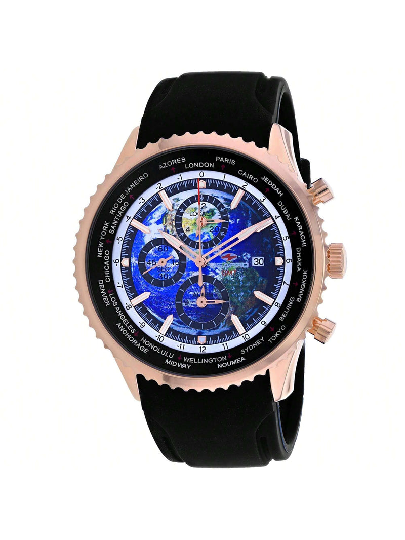 Seapro Men's Meridian World Timer GMT SP7523 Strap Blue Dial Quartz Movement Buckle Clasp 47mm Round Watch