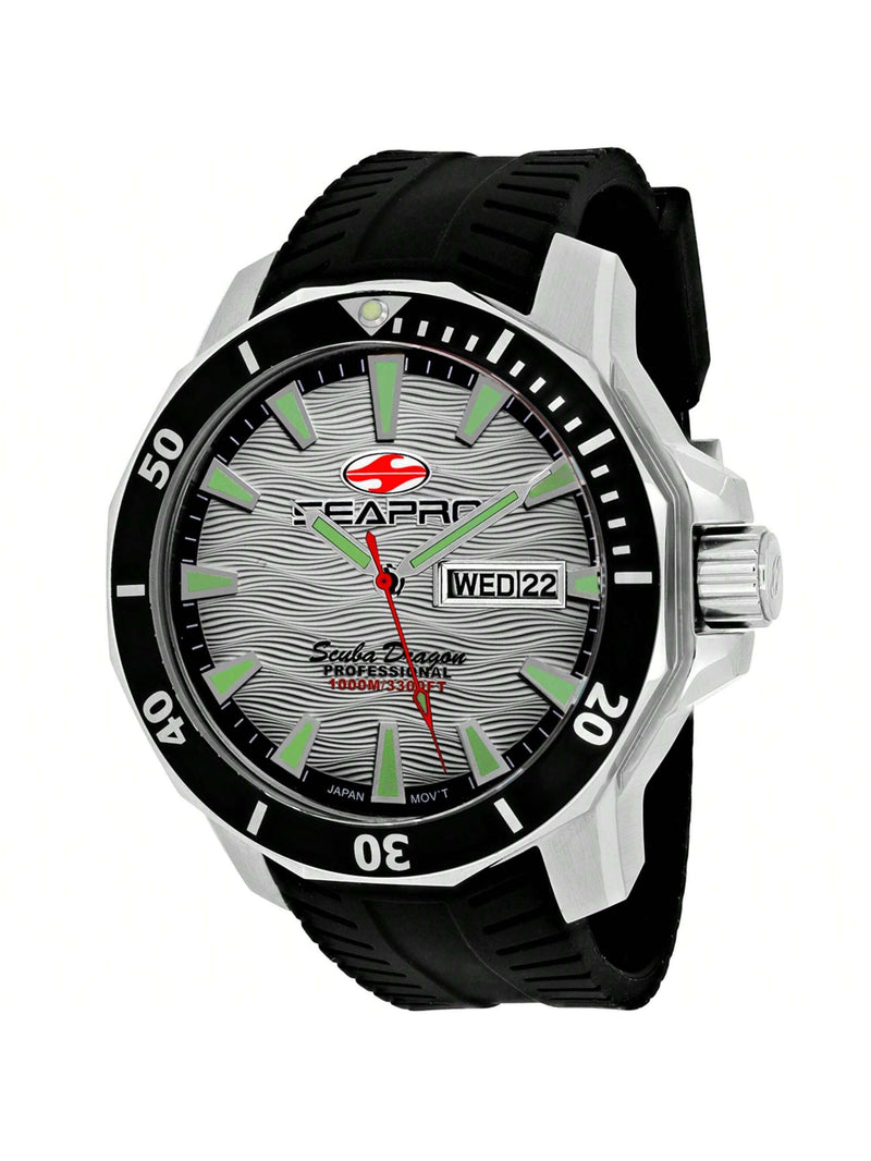Seapro Men's Scuba Dragon Diver Limited Edition 1000 Meters SP8312 Strap Silver Dial Quartz Movement Tang Buckle Clasp 48mm Round Watch
