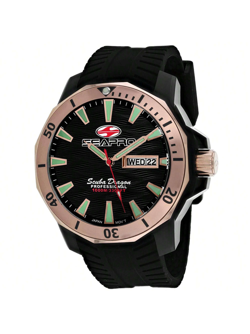 Seapro Men's Scuba Dragon Diver Limited Edition 1000 Meters SP8323 Strap Black Dial Quartz Movement Tang Buckle Clasp 48mm Round Watch
