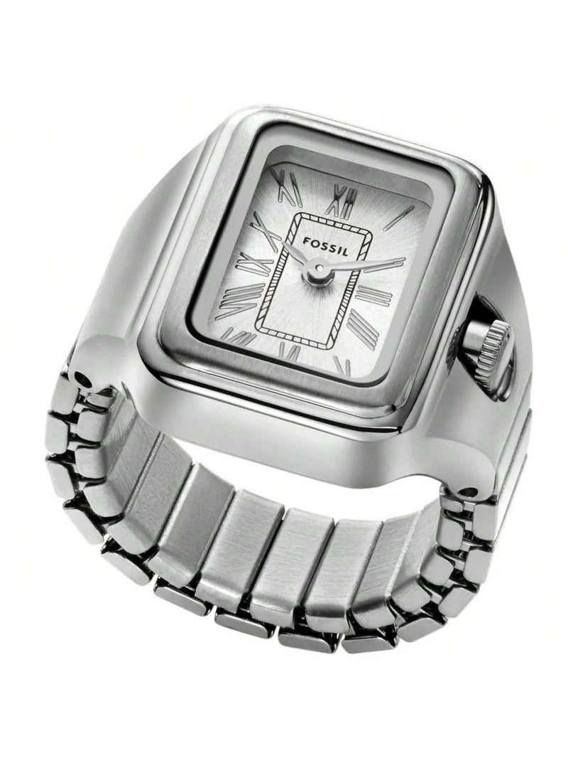 Fossil Women's Raquel Watch Ring ES5344 Bracelet Silver Dial Quartz Movement Expansion Band Clasp 14mm Rectangle Watch