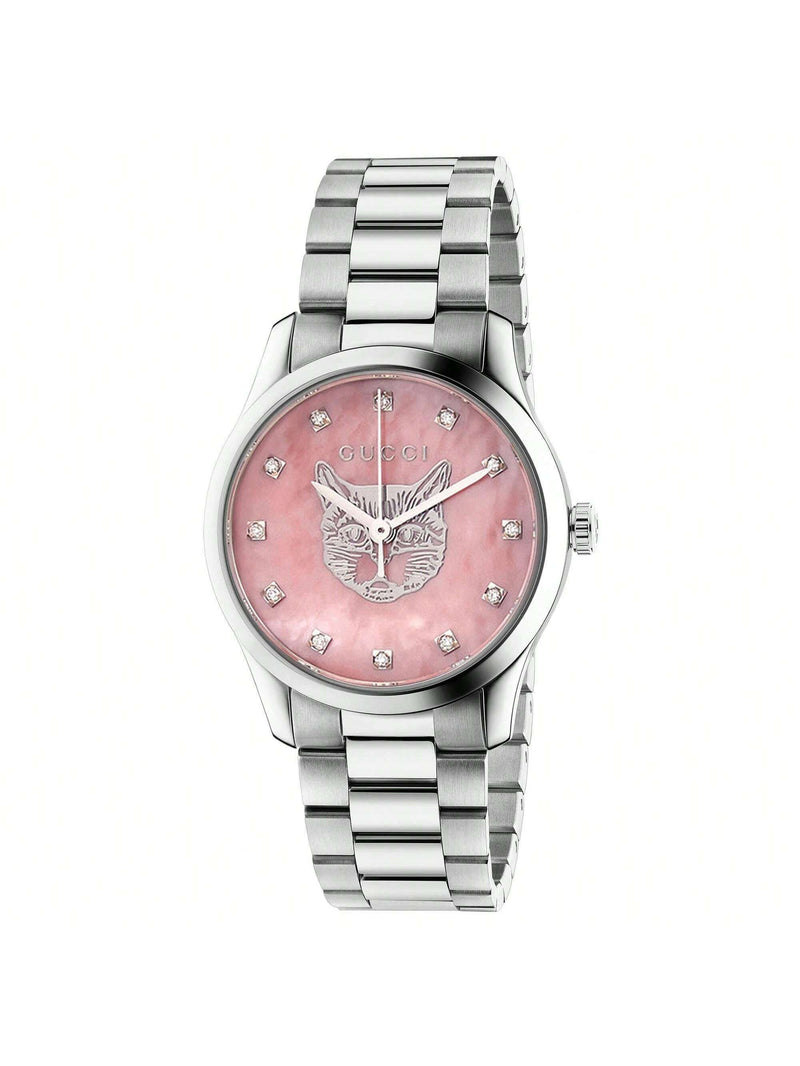 Gucci Women's G-Timeless YA1265025 Bracelet Pink Dial Quartz Movement Fold over Clasp 28mm Round Watch