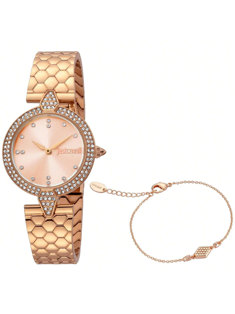 Just Cavalli Women's Set JC1L159M0075 Bracelet Rose gold Dial Quartz Movement Foldover Clasp 30mm Round Watch