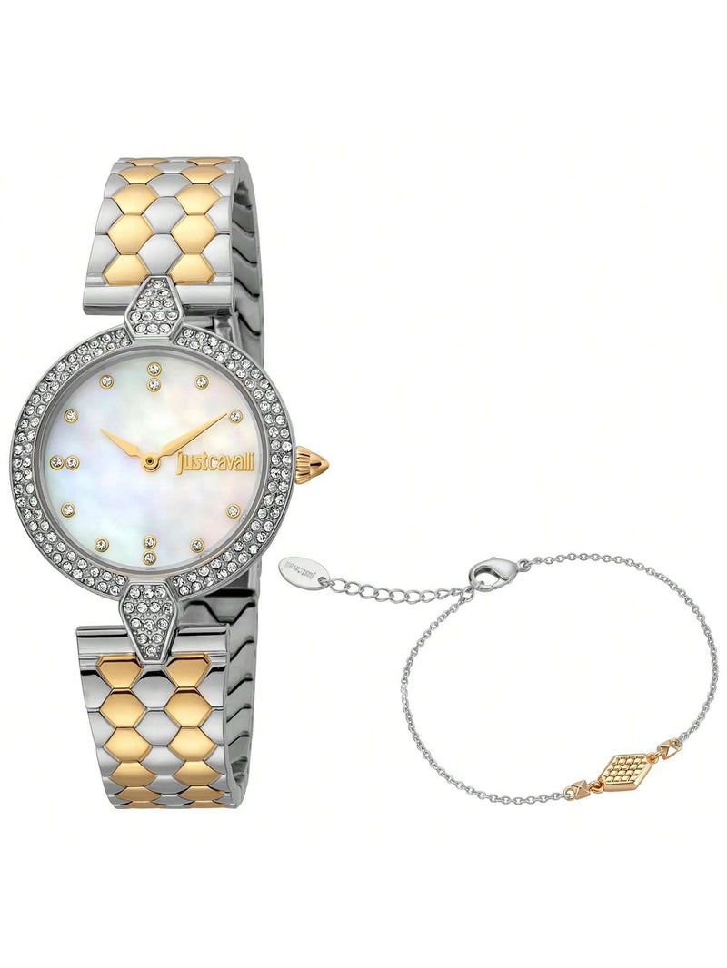 Just Cavalli Women's Set JC1L159M0085 Bracelet Mother of Pearl Dial Quartz Movement Foldover Clasp 30mm Round Watch