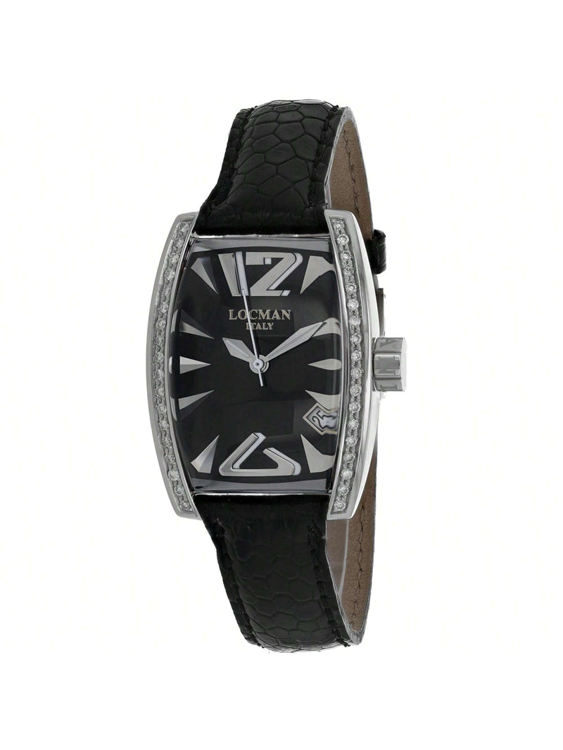 Locman Women's Diamond Panorama 151BKD Strap Black Dial Quartz Movement Deployment Buckle Clasp 43mm Tonneau Watch