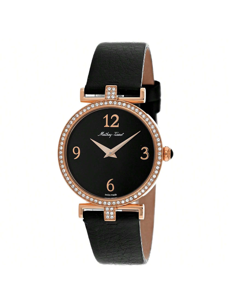 Mathey Tissot Women's Gaia D587QPN Strap Black Dial Quartz Movement Buckle Clasp 34mm Round Watch