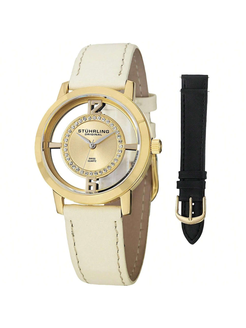 Stuhrling Women's Winchester 388L2.SET.02 Strap Gold Dial Quartz Movement Buckle Clasp 36mm Round Watch