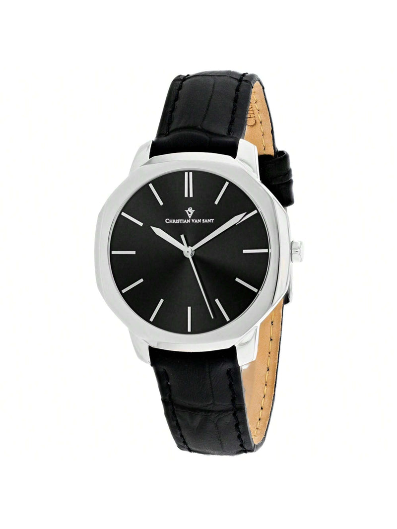 Christian Van Sant Women's Octave Slim CV0500 Strap Black Dial Quartz Movement Buckle Clasp 37mm Round Watch