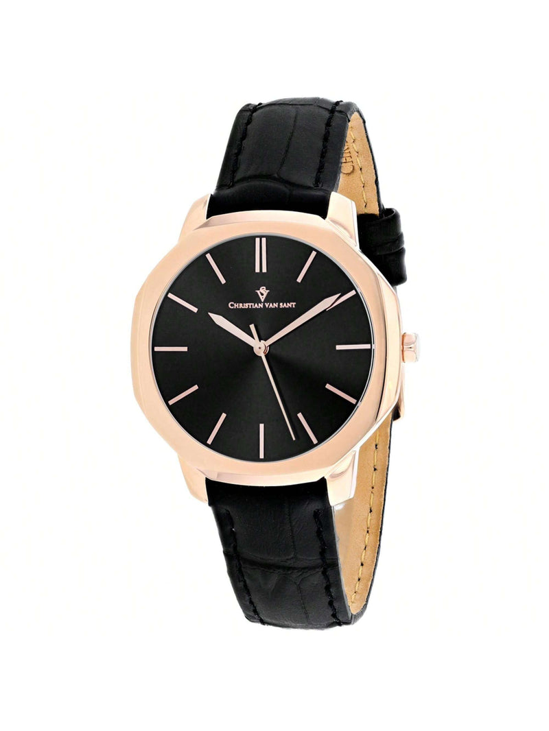 Christian Van Sant Women's Octave Slim CV0504 Strap Black Dial Quartz Movement Buckle Clasp 37mm Round Watch