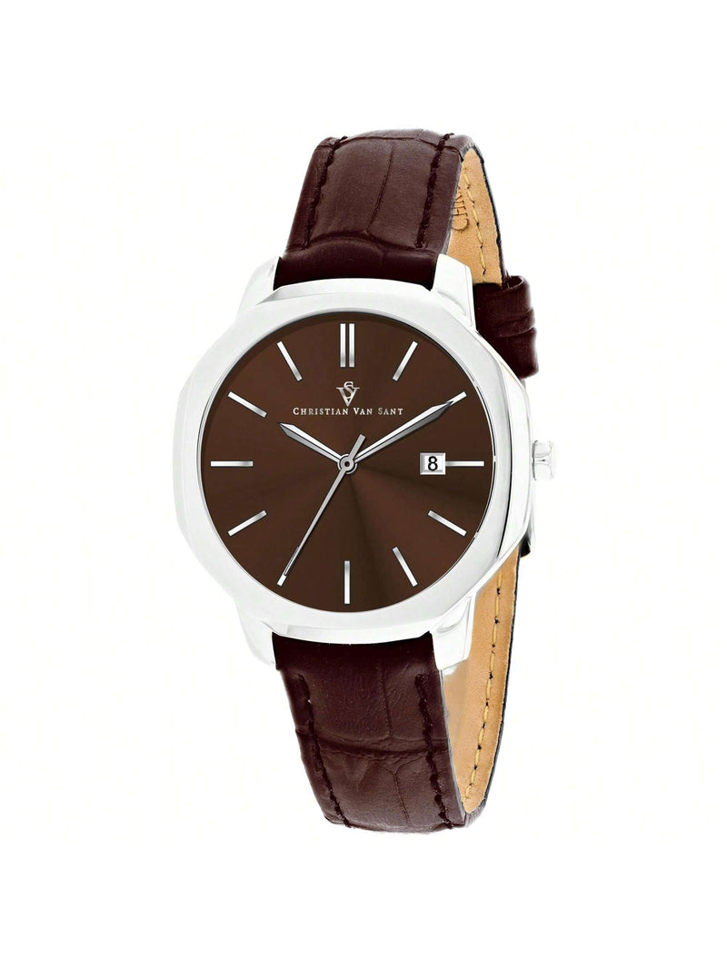Christian Van Sant Women's Octave Slim CV0506 Strap Brown Dial Quartz Movement Buckle Clasp 37mm Round Watch