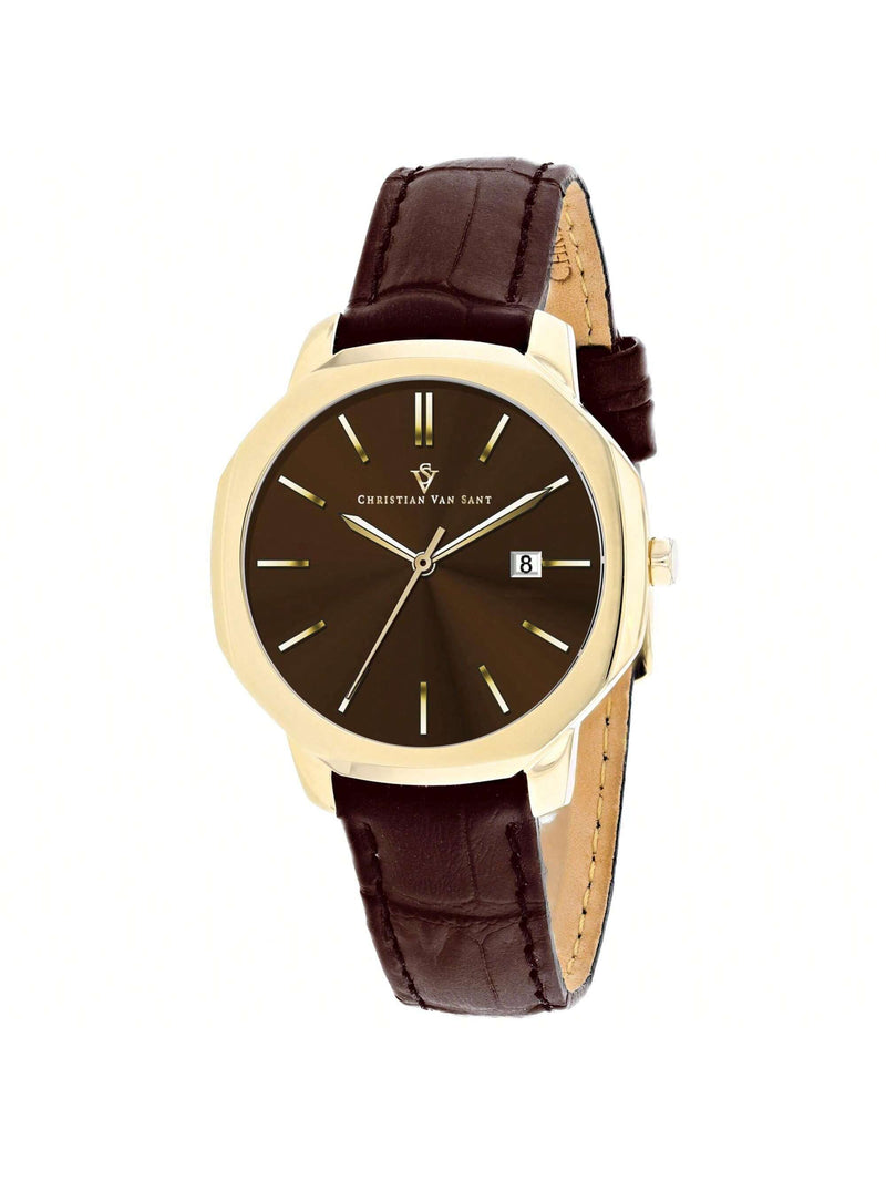 Christian Van Sant Women's Octave Slim CV0507 Strap Brown Dial Quartz Movement Buckle Clasp 37mm Round Watch