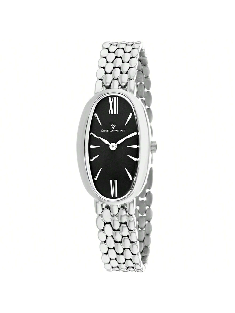 Christian Van Sant Women's Lucia CV1811 Bracelet Black Dial Quartz Movement Jewelry Clasp 31mm Oval Watch