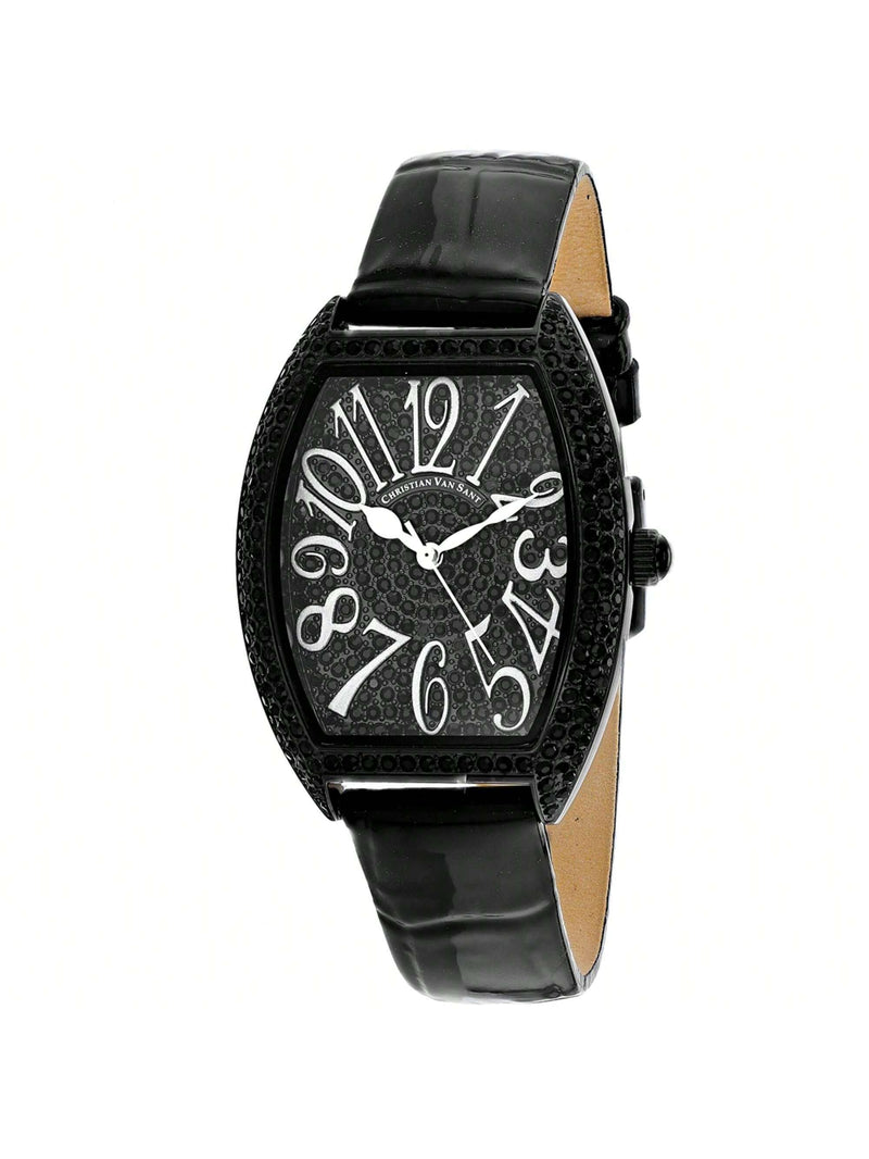 Christian Van Sant Women's Elegant CV4823 Strap Black Dial Quartz Movement Buckle Clasp 41mm Tonneau Watch