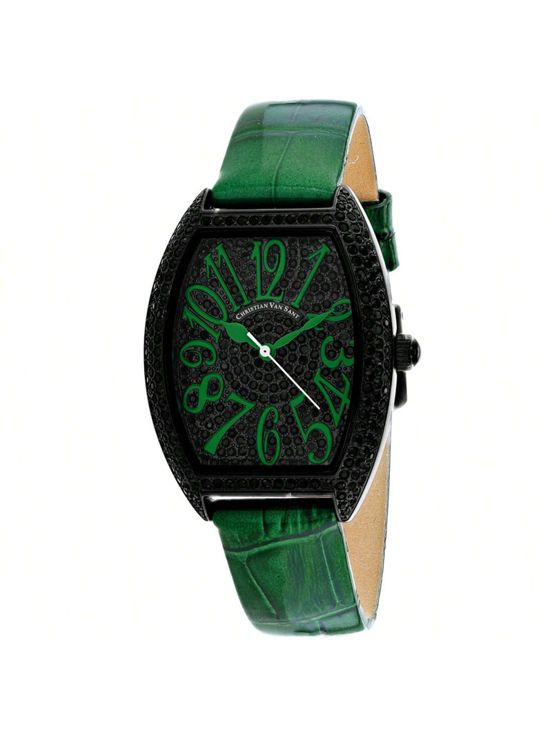 Christian Van Sant Women's Elegant CV4825 Strap Black Dial Quartz Movement Buckle Clasp 41mm Tonneau Watch