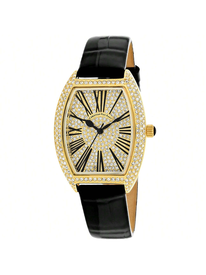 Christian Van Sant Women's Chic CV4842 Strap Gold Dial Quartz Movement Buckle Clasp 36mm Tonneau Watch