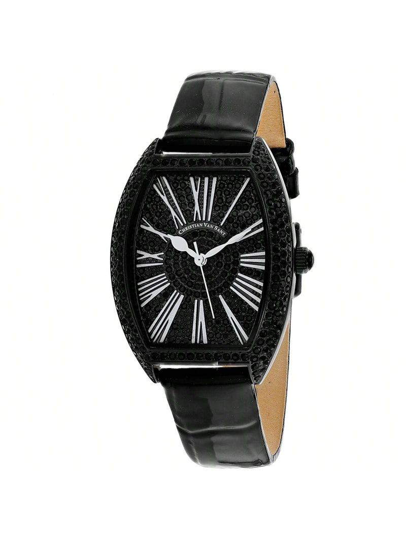 Christian Van Sant Women's Chic CV4844 Strap Black Dial Quartz Movement Buckle Clasp 36mm Tonneau Watch