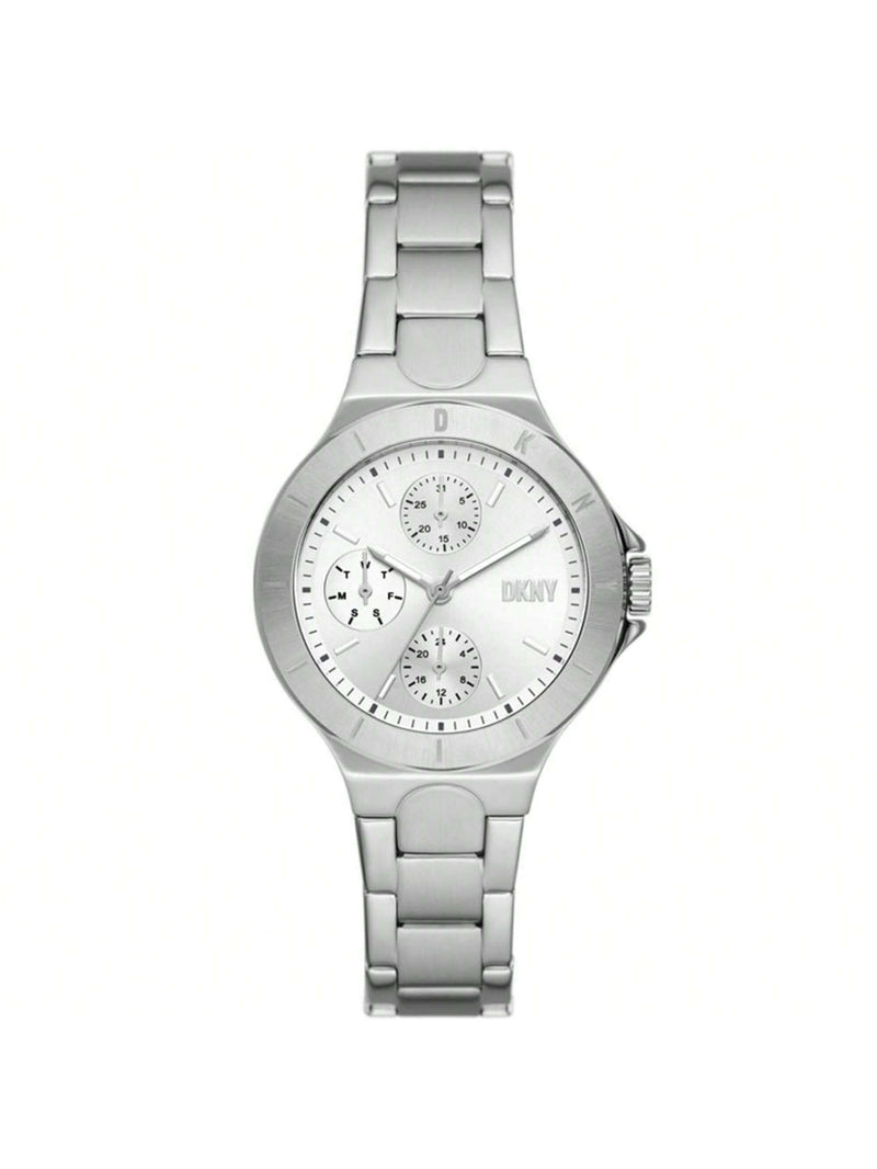 DKNY Women's Chambers NY6678 Bracelet Silver Dial Quartz Movement Foldover Clasp 34mm Round Watch