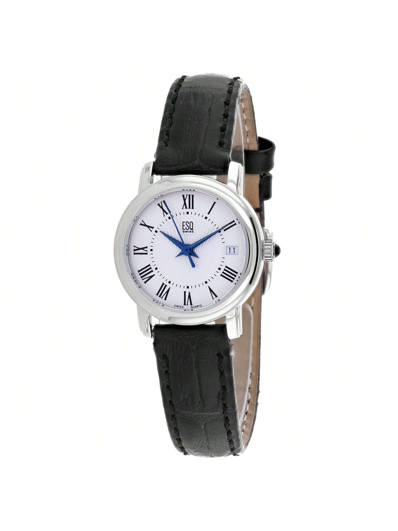 ESQ Women's Black Leather Silver Stainless Steel Quartz 7100967 Strap White Dial Quartz Movement Buckle Clasp 26mm Round Watch