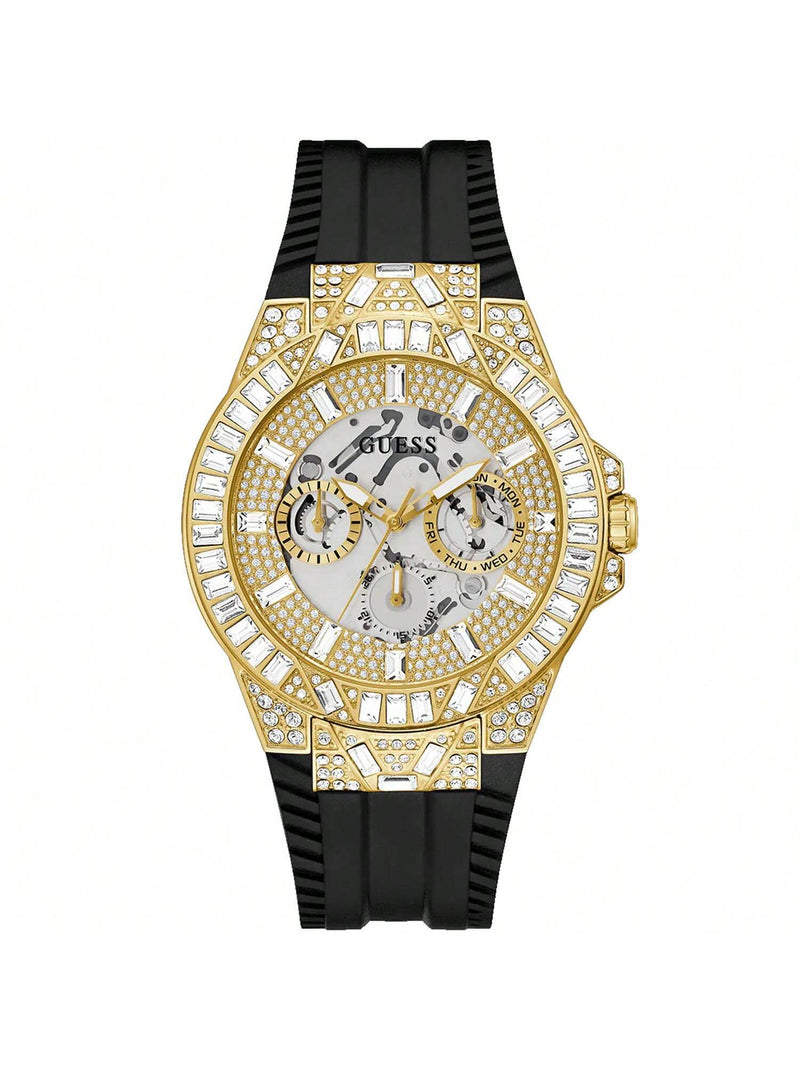 Guess Men's Black Gold Tone Multi-function GW0498G2 Strap Champagne Dial Quartz Movement Buckle Clasp 44mm Round Watch