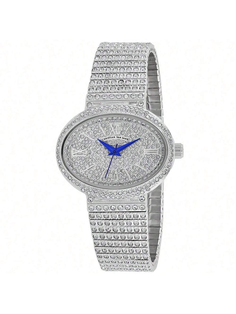 Christian Van Sant Women's Sparkler CV0250 Bracelet Silver Dial Quartz Movement Jewelry Clasp 30mm Oval Watch