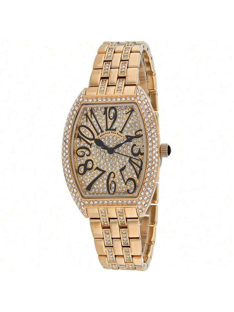 Christian Van Sant Women's Elegant Sparkle CV0262 Bracelet Rose gold Dial Quartz Movement Deployment Clasp 46mm Tonneau Watch