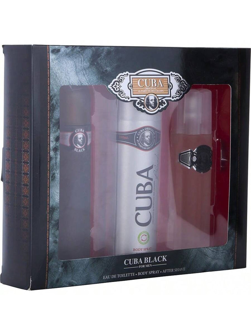 Cuba Black by Cuba for Men - 3 Pc Gift Set 3.3oz EDT Spray, 3.3oz After Shave, 6.6oz Body Spray