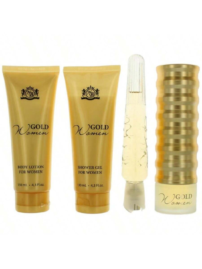 Gold by New Brand for Women - 4 Pc Gift Set 3.3oz EDP Spray, 0.5oz EDP Spray, 4.3oz Shower Gel, 4.3oz Body Lotion