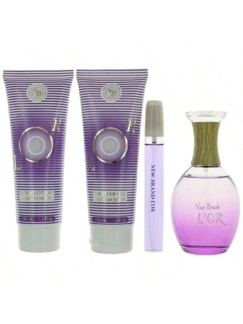 Lor by New Brand for Women - 4 Pc Gift Set 3.3oz EDP Spray, 0.5oz EDP Spray, 4.3oz Shower Gel, 4.3oz Body Lotion
