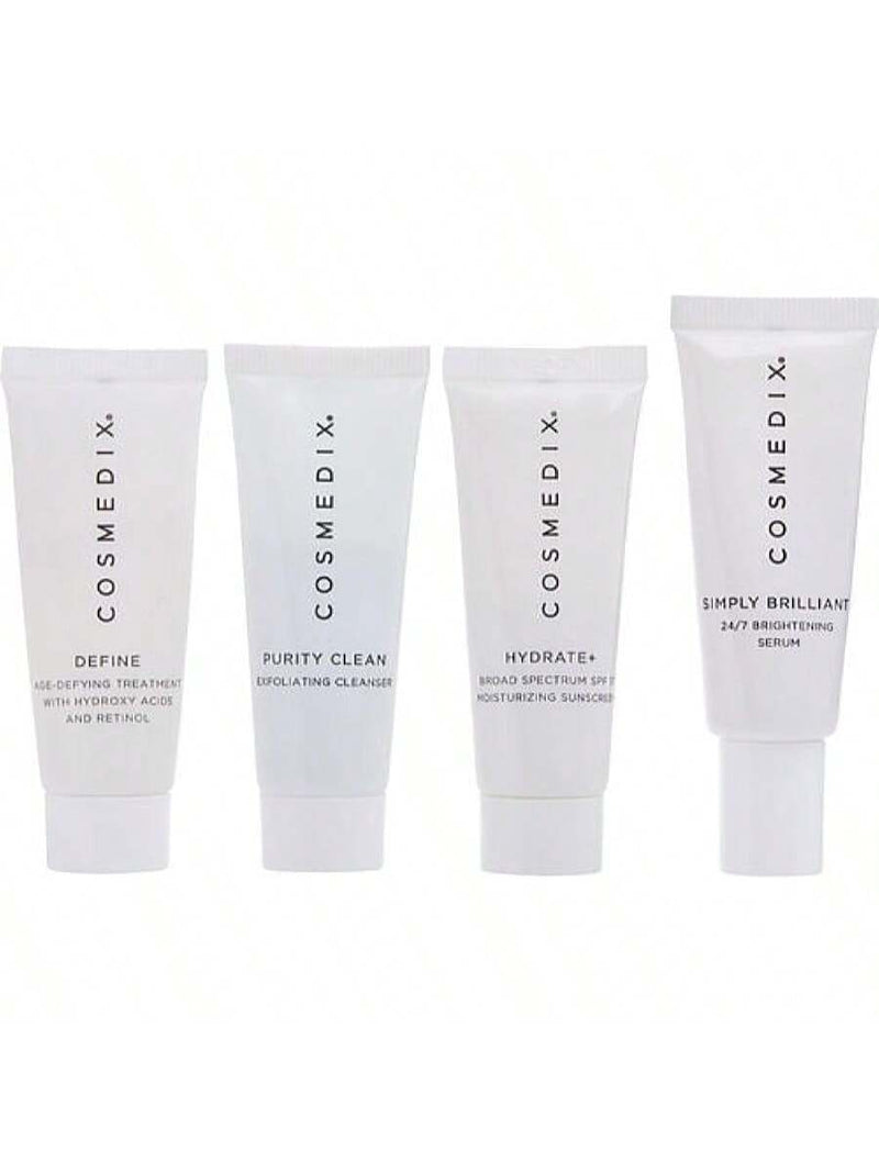 Treatment Prep Essentials Kit by Cosmedix for Unisex - 4 Pc 0.5oz Purity Clean Exfoliating Cleanser, 0.5oz Simply Brilliant 24-7 Brightening Serum, 0.5oz Define Age-Defying Treatment, 0.5oz Hydrate Plus SPF 17 Moisturizing Sunscreen