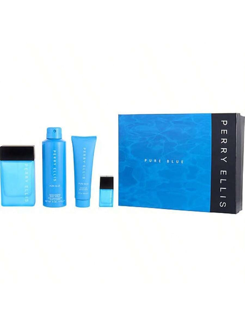 Perry Ellis Pure Blue by Perry Ellis for Men - 4 Pc Gift Set 3.4oz EDT Spray, 7.5ml EDT Spray (Mini), 3oz Shower Gel, 6oz Deodorant Body Spray