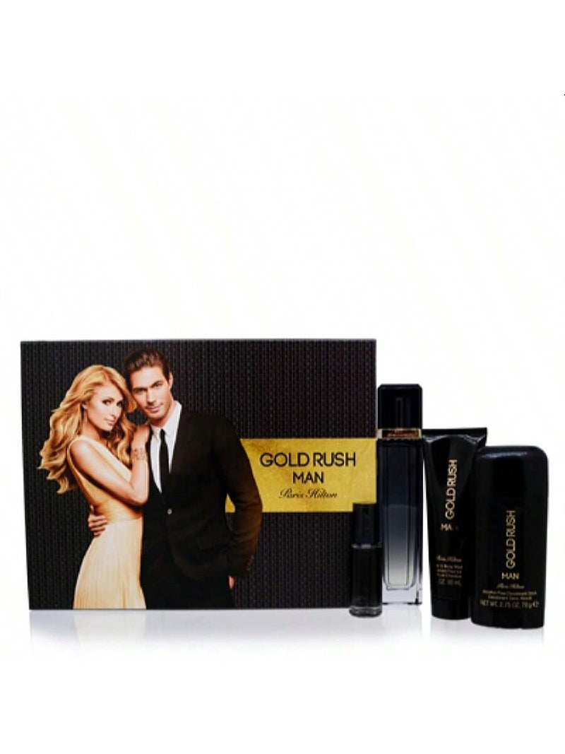 Gold Rush Man by Paris Hilton for Men - 4 Pc Gift Set 3.4oz EDT Spray, 0.5oz EDT Spray, 3.0oz Hair Body Wash, 2.75oz Alcohol Free Deodorant Stick