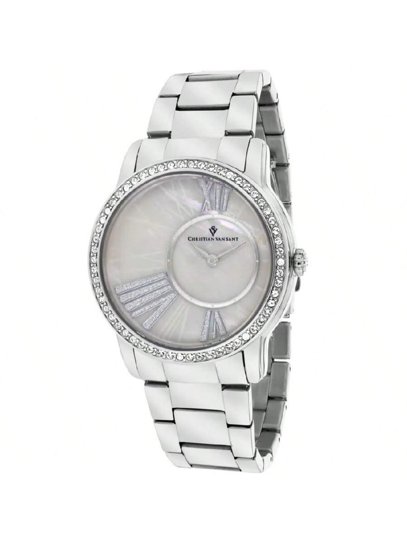 Christian Van Sant Women's Exquisite CV3610 Bracelet White MOP Dial Quartz Movement Fold Over Clasp 38mm Round Watch