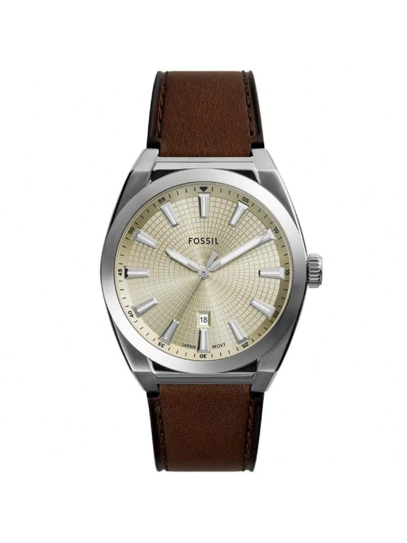 Fossil Men's Everett FS6071 Strap Champagne Dial Quartz Movement Tang Clasp 42mm Round Watch