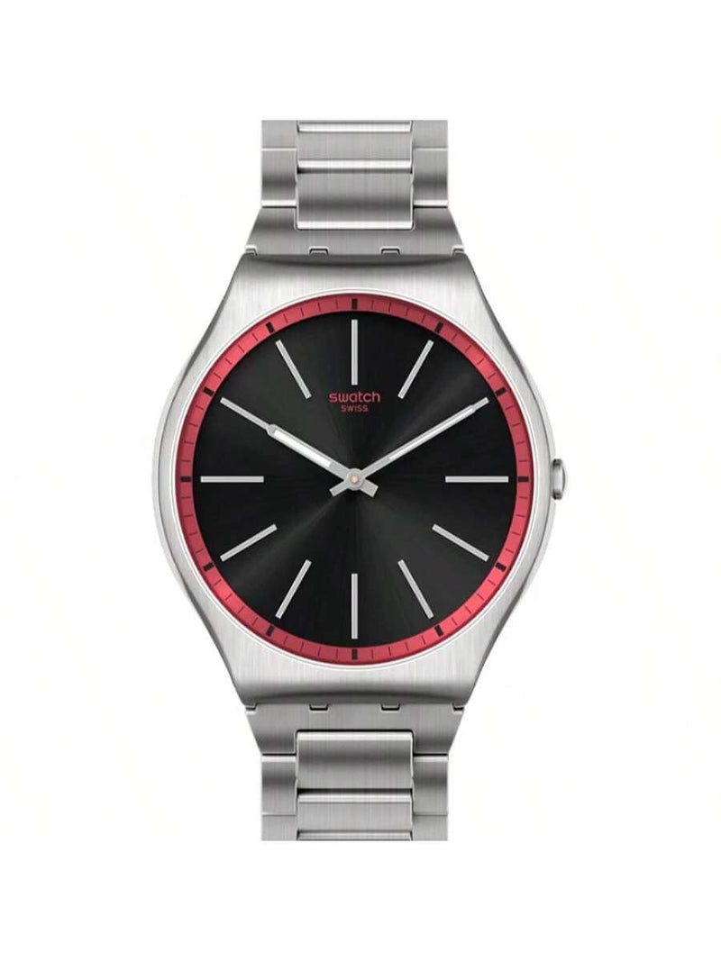 Swatch Men's Red Graphite SSO7S129G Bracelet Black Dial Quartz Movement Butterfly Clasp 42mm Round Watch