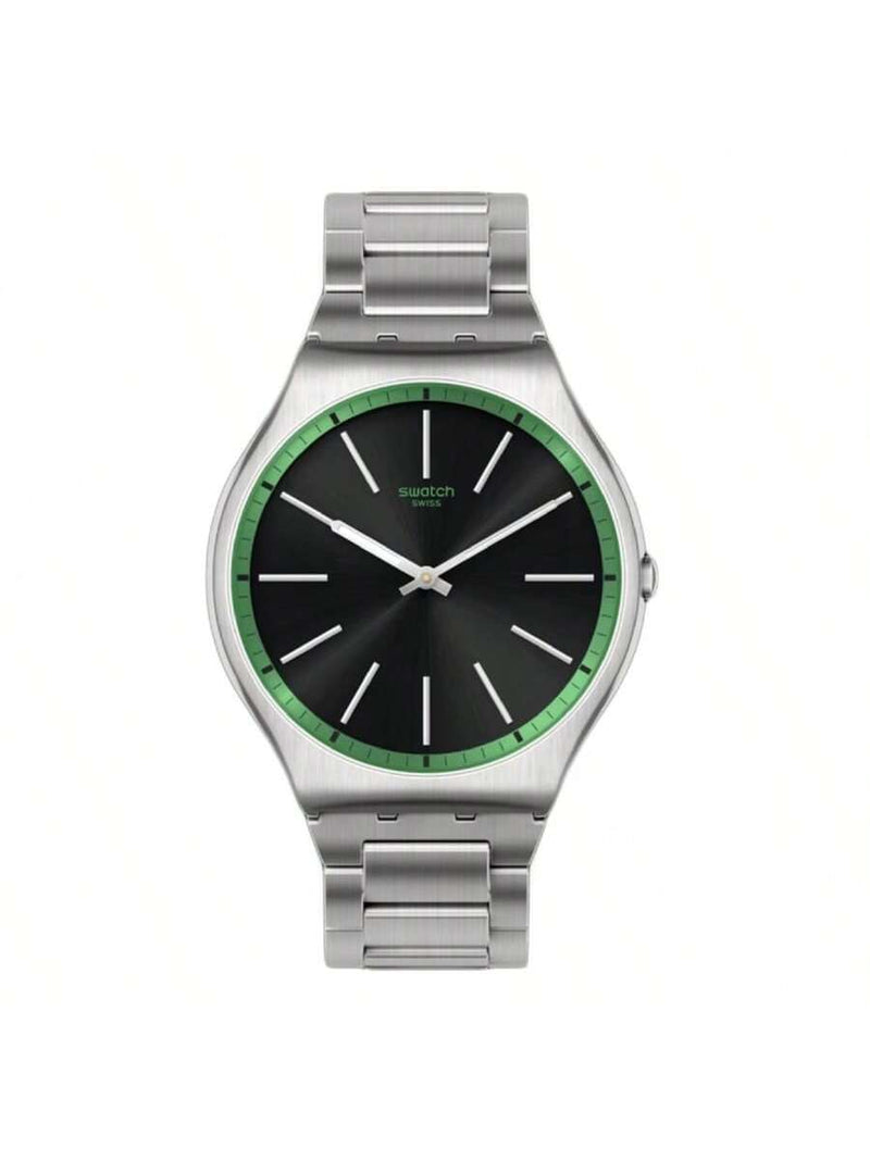 Swatch Men's The May SSO7S128G Bracelet Black Dial Quartz Movement Deployment Clasp 42mm Round Watch