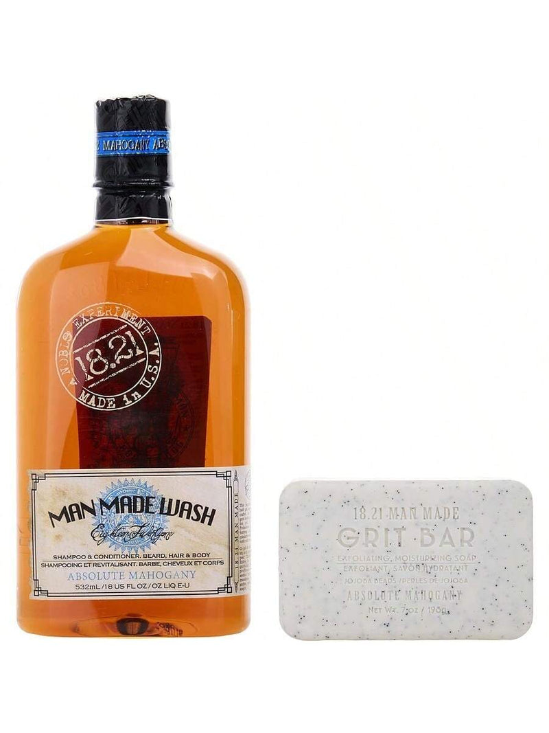Book of Good Grooming Volume 2 Set - Absolute Mahogany by 18.21 Man Made for Men - 2 Pc 18oz Man Made Wash 3-In-1 Shampoo, Conditioner and Body Wash, 7oz Grit Bar