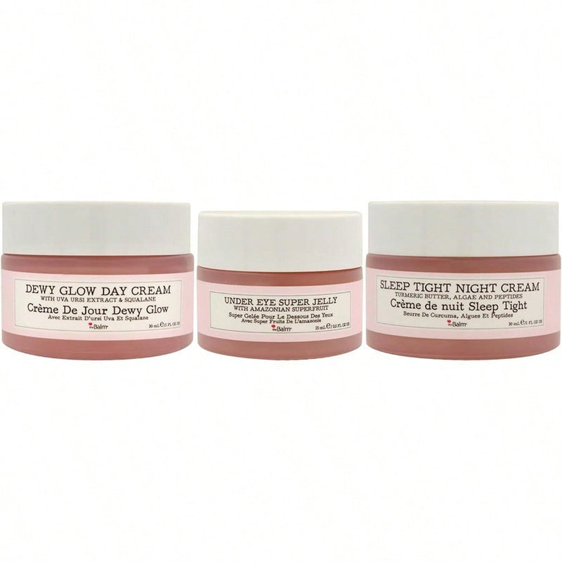 Day To Night Glowing Skin Trio by the Balm for Women - 3 Pc 1oz Dewy Glow Day Cream, 0.5oz Under Eye Super Jelly, 1oz Sleep Tight Night Cream