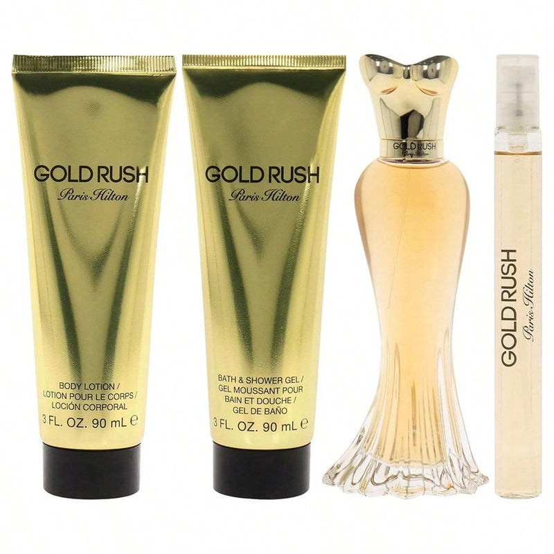 Gold Rush by Paris Hilton for Women - 4 Pc Gift Set 3.4oz EDP Spray, 0.34oz EDP Spray, 3oz Body Lotion, 3oz Shower Gel