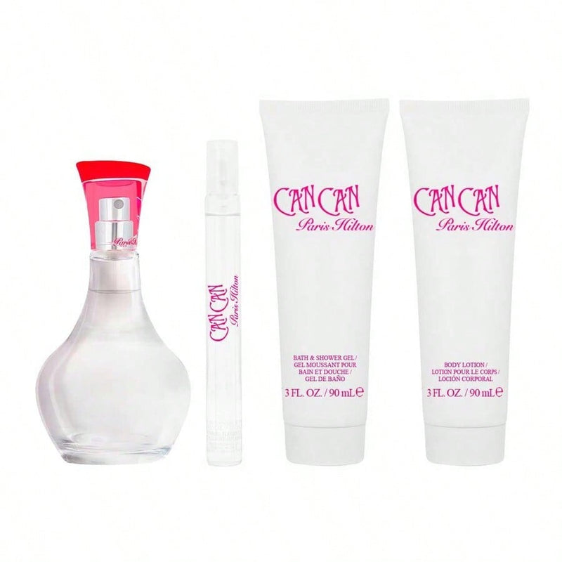 Can Can by Paris Hilton for Women - 4 Pc Gift Set 3.4oz EDP Spray, 0.34oz EDP Spray (Mini), 3oz Body Lotion, 3oz Bath and Shower Gel