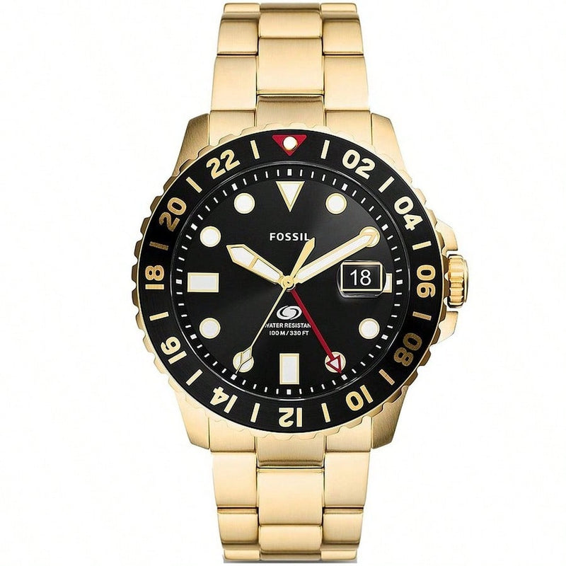 Fossil Men's Blue GMT FS5990 Bracelet Black Dial Quartz Movement Foldover Clasp 46mm Round Watch