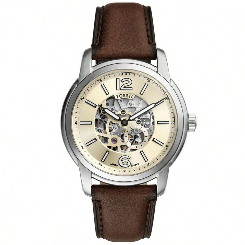 Fossil Men's Heritage ME3264 Strap Beige Dial Automatic Movement Buckle Clasp 43mm Round Watch