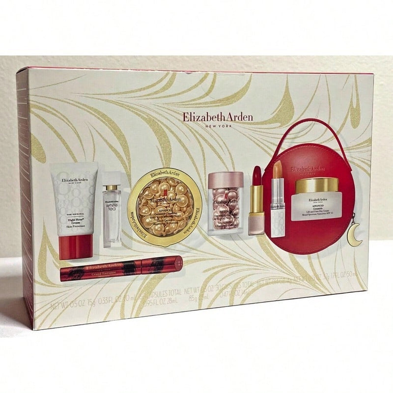 Elizabeth Arden 9 Pcs Set: Advanced Ceramide 60 Capsules + Retinol Ceramide 30 Capsules + Advanced Ceramide 1.7 Cream + 0.5 Skin Cream + 0.37 Lip Cream + 0.14 Lipstick Red Door 019 + 0.3 Mascara + White Tea 0.33 Edt Sp + Hand Bag