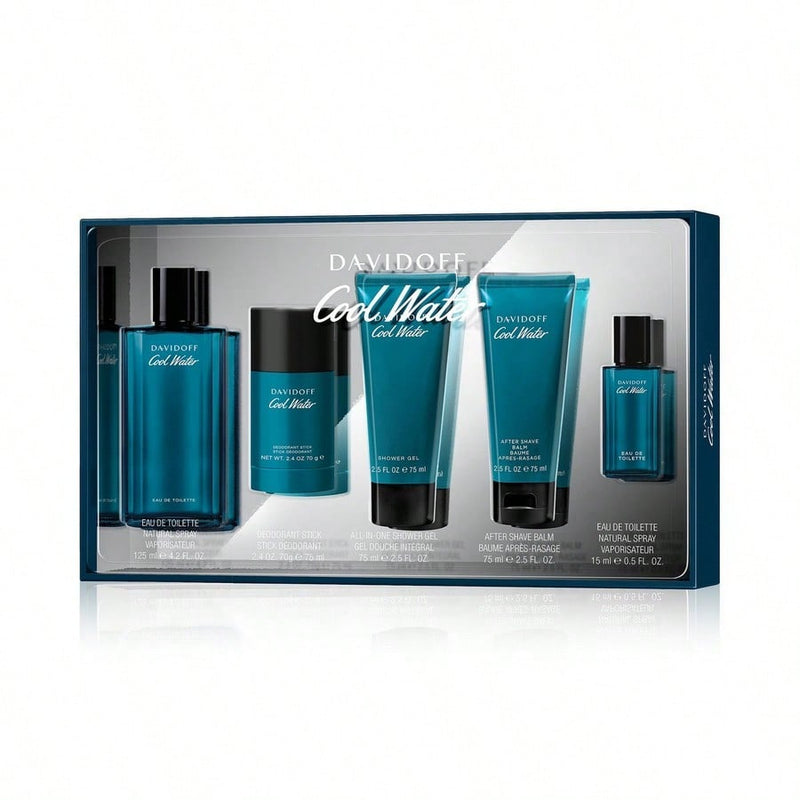 Cool Water by Davidoff for Men - 5 Pc Gift Set 4.2oz EDT Spray, 5ml EDT Splash (Mini), 2.5oz After Shave Balm, 2.5oz Shower Gel, 2.4oz Deodorant Stick