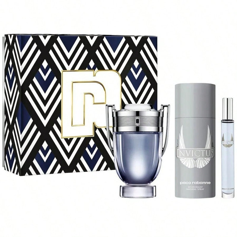 Paco Rabanne Invictus 3 Pcs Set For Men: 3.4 Eau De Toilette Spray + 5.1 Deodorant Spray + 0.34 Eau De Toilette Spray.