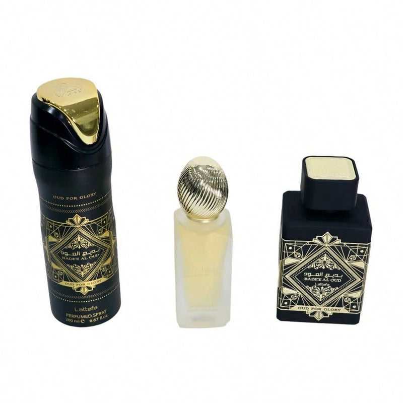 Lattafa  Oud For Glory 3 Pc Set ( Unisex ) Edp Sp 3.4, Deo 6.7, Hm 1.7 Oz
