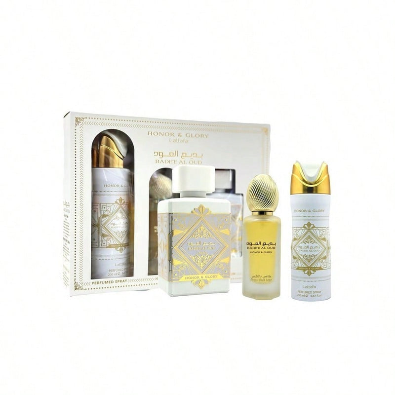 Lattafa Bade'E Al Oud Honor & Glory 3 Pcs Set: 3.4 Eau De Parfum Spray + 1.7 Hair Mist + 6.7 Perfumed Body Spray