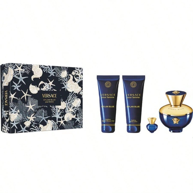 Dylan Blue by Versace for Women - 4 Pc Gift Set 3.4oz EDP Spray, 0.17oz EDP Splash (Mini), 3.4oz Body Lotion, 3.4oz Bath and Shower Gel