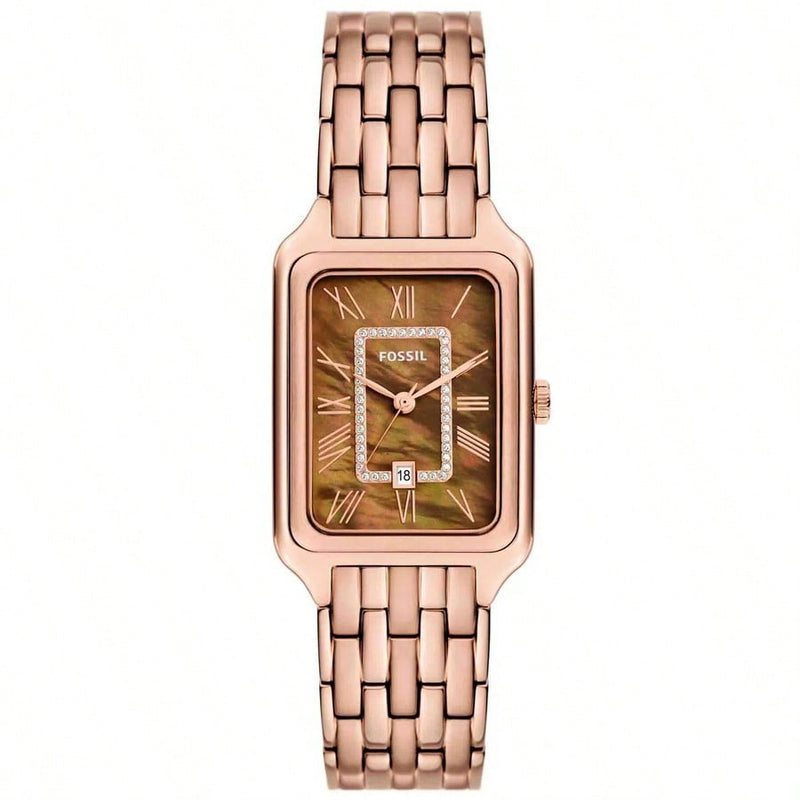Fossil Women's Raquel ES5323 Bracelet Brown MOP Dial Quartz Movement Foldover Clasp 26mm Rectangle Watch