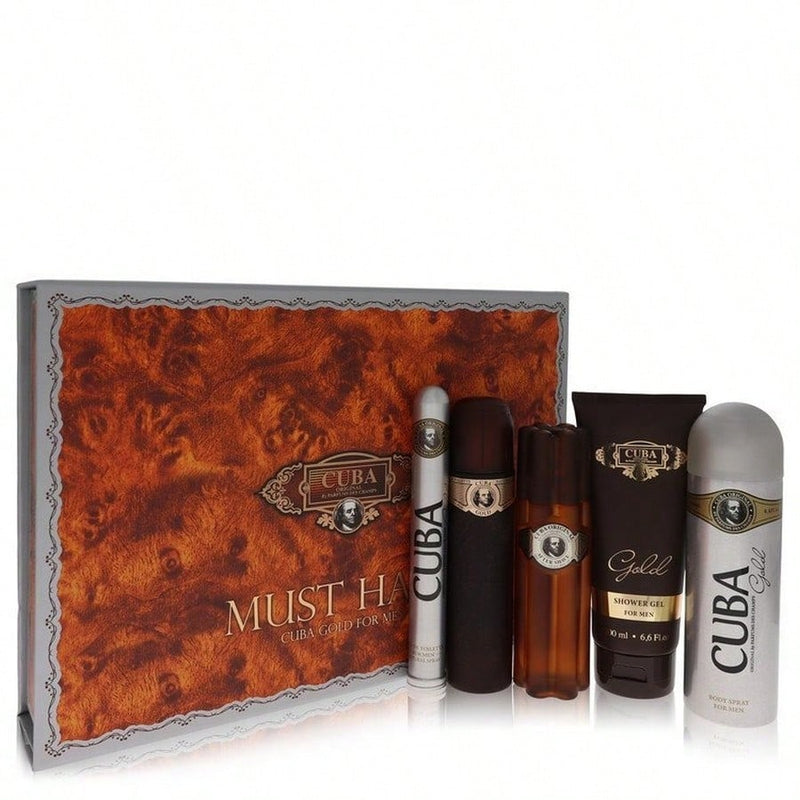 Cuba Gold by Fragluxe Men Gift Set -- 3.3 oz Eau De Toilette Spray + 3.3 oz After Shave Spray + 6.7 oz Body Deodorant Spray + 6.7 oz Shower Gel +  1.17 oz EDT Spray